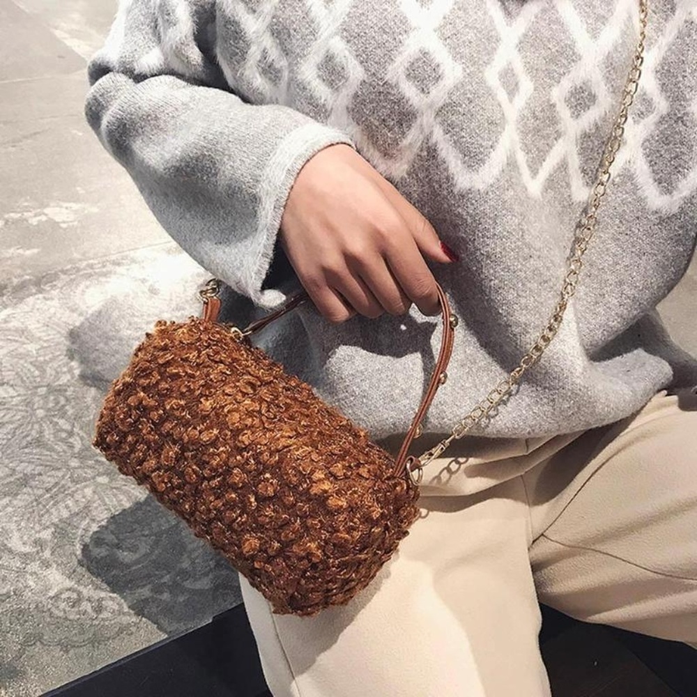 Women's Handbag Faux Lamb's Wool Top Handle Brown